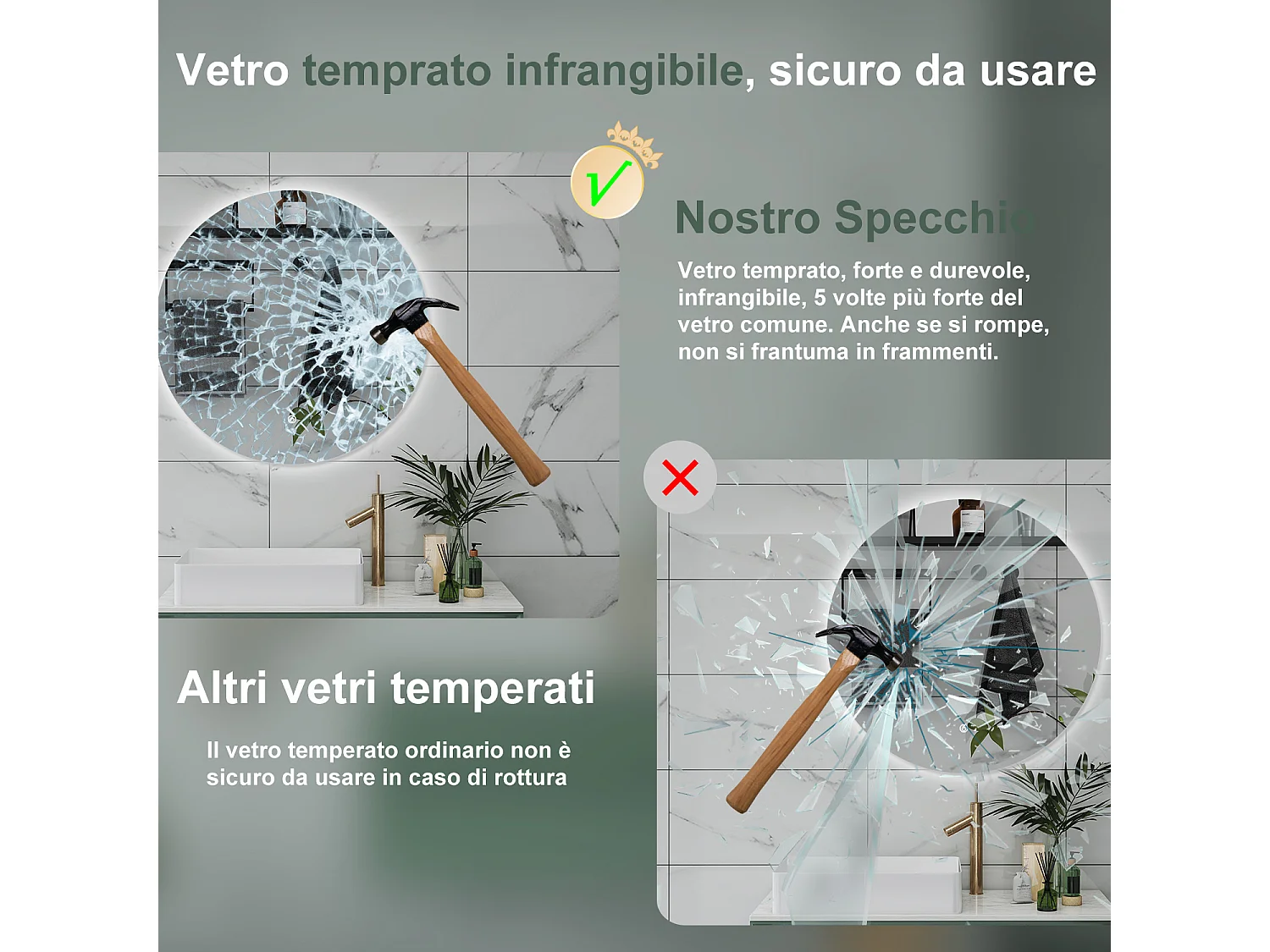 AICA Specchio da bagno 60 x 60 cm, antiappannamento, dimmerabile, interruttore touch, Funzione Memoria