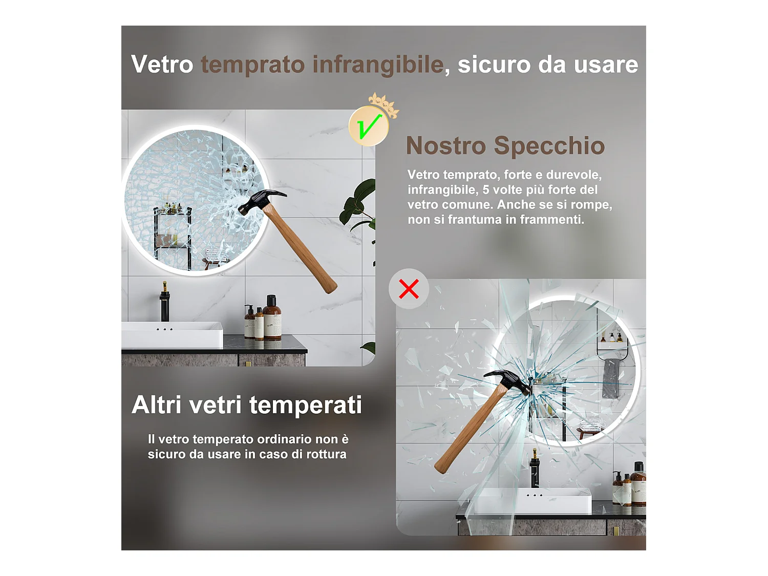 AICA Specchio da bagno 60 x 60 cm, antiappannamento, dimmerabile, interruttore touch, Funzione Memoria