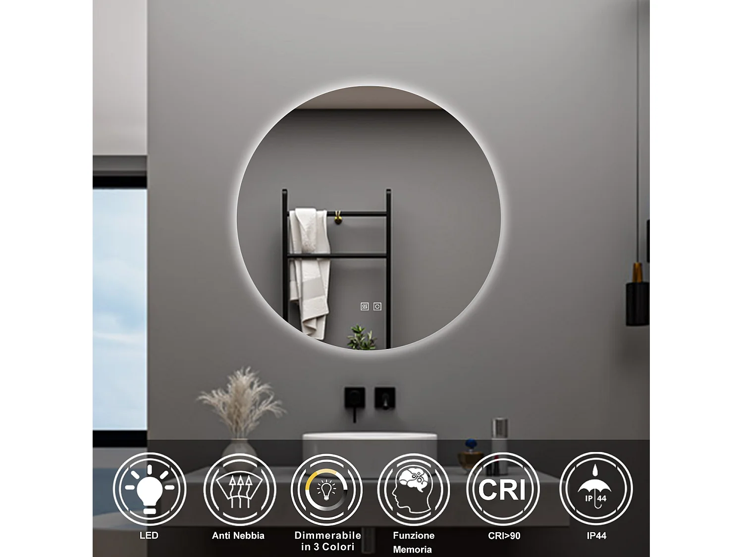 AICA Specchio da bagno 70 x 70 cm, 3 colori, antiappannamento, dimmerabile, interruttore touch, Funzione Memoria