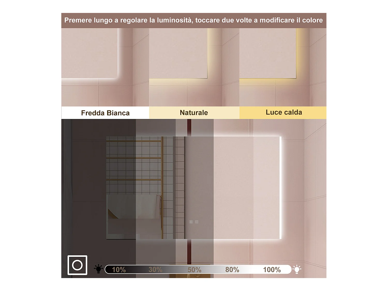 AICA Specchio da bagno 80 x 60 cm, dimmerabile, Funzione Memoria, antiappannamento, 3 colori