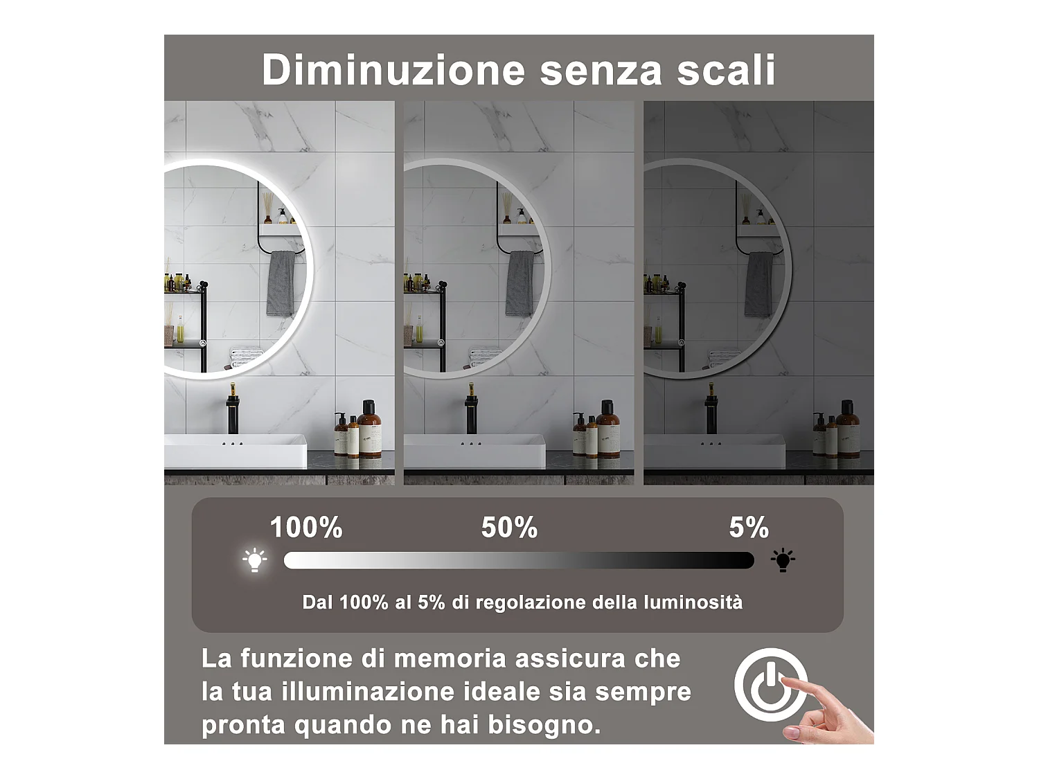 AICA Specchio da bagno 60 x 60 cm, antiappannamento, dimmerabile, interruttore touch, Funzione Memoria