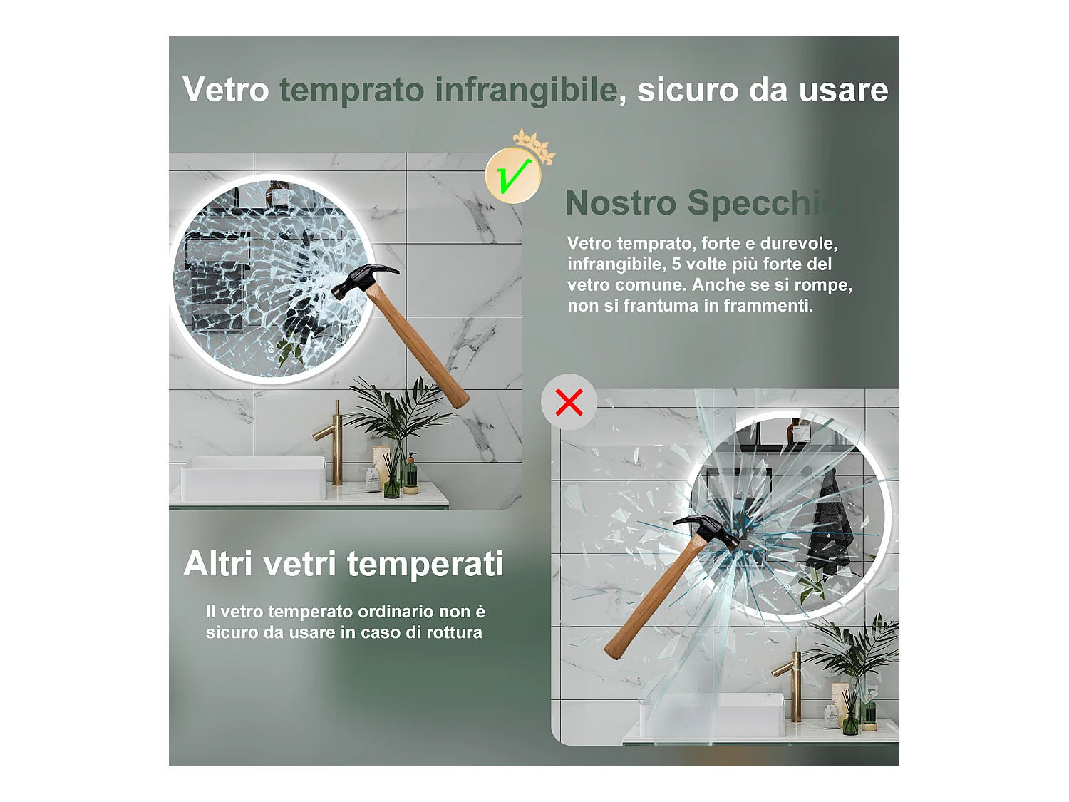 AICA Specchio da bagno 60 x 60 cm, antiappannamento, dimmerabile, interruttore touch, Funzione Memoria