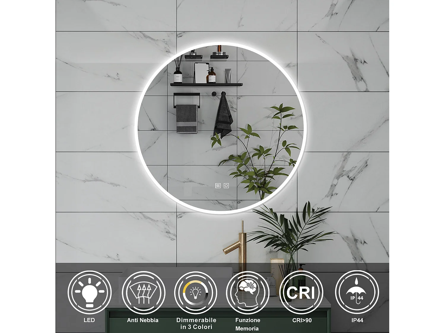 AICA Specchio da bagno 80 x 80 cm, 3 colori, antiappannamento, dimmerabile, interruttore touch, Funzione Memoria