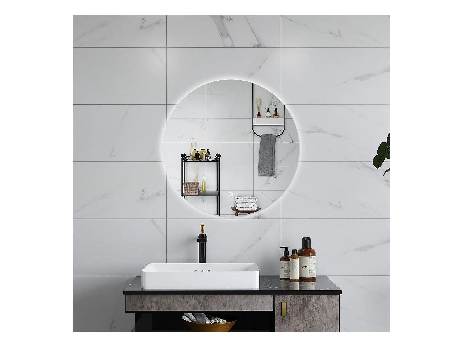 AICA Specchio da bagno 90 x 90 cm, antiappannamento, dimmerabile, interruttore touch, Funzione Memoria