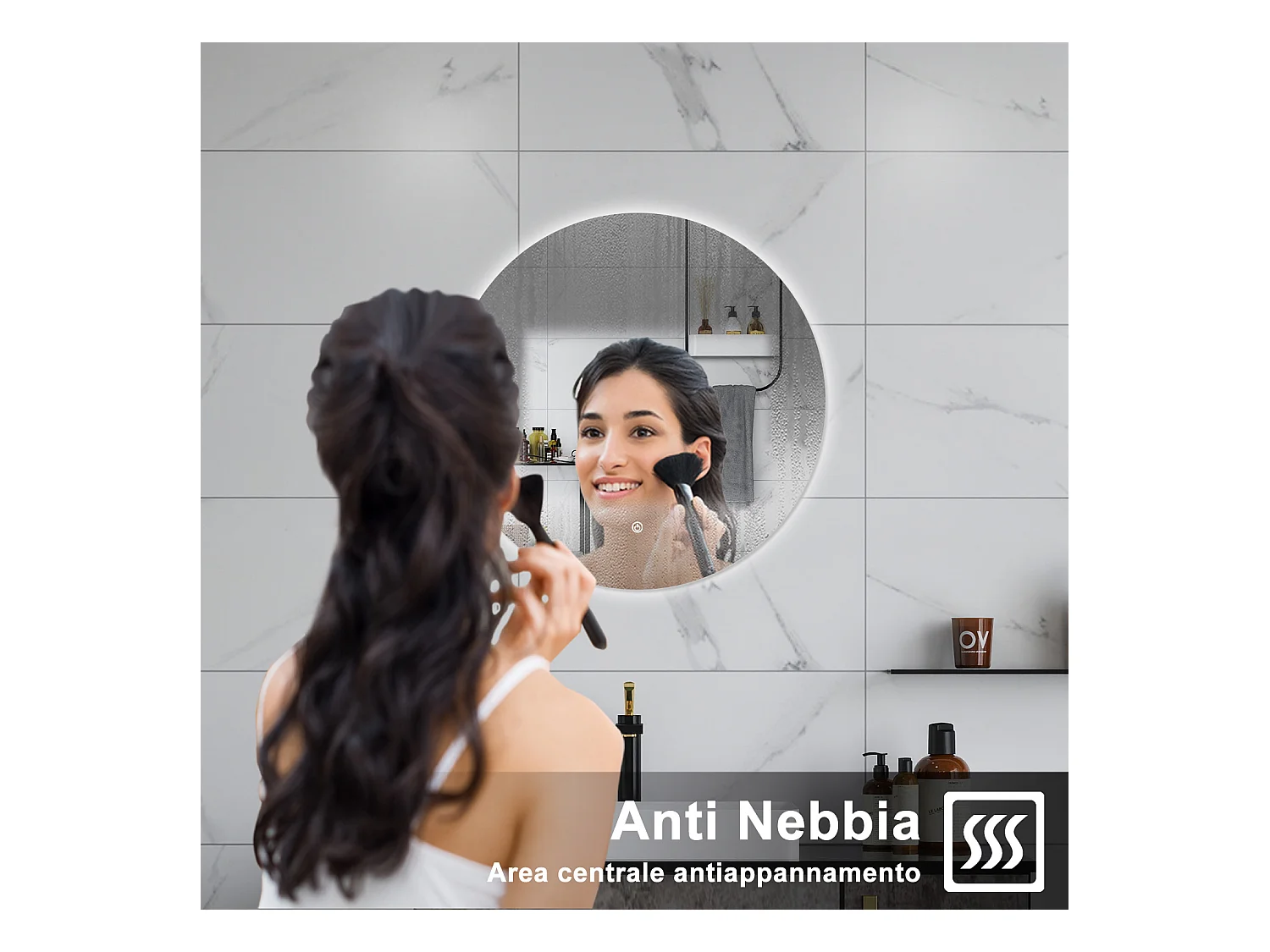 AICA Specchio da bagno 90 x 90 cm, antiappannamento, dimmerabile, interruttore touch, Funzione Memoria