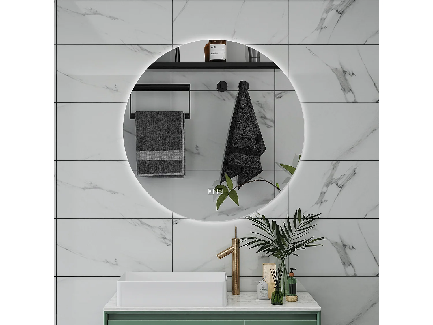 AICA Specchio da bagno 70 x 70 cm, 3 colori, antiappannamento, dimmerabile, interruttore touch, Funzione Memoria