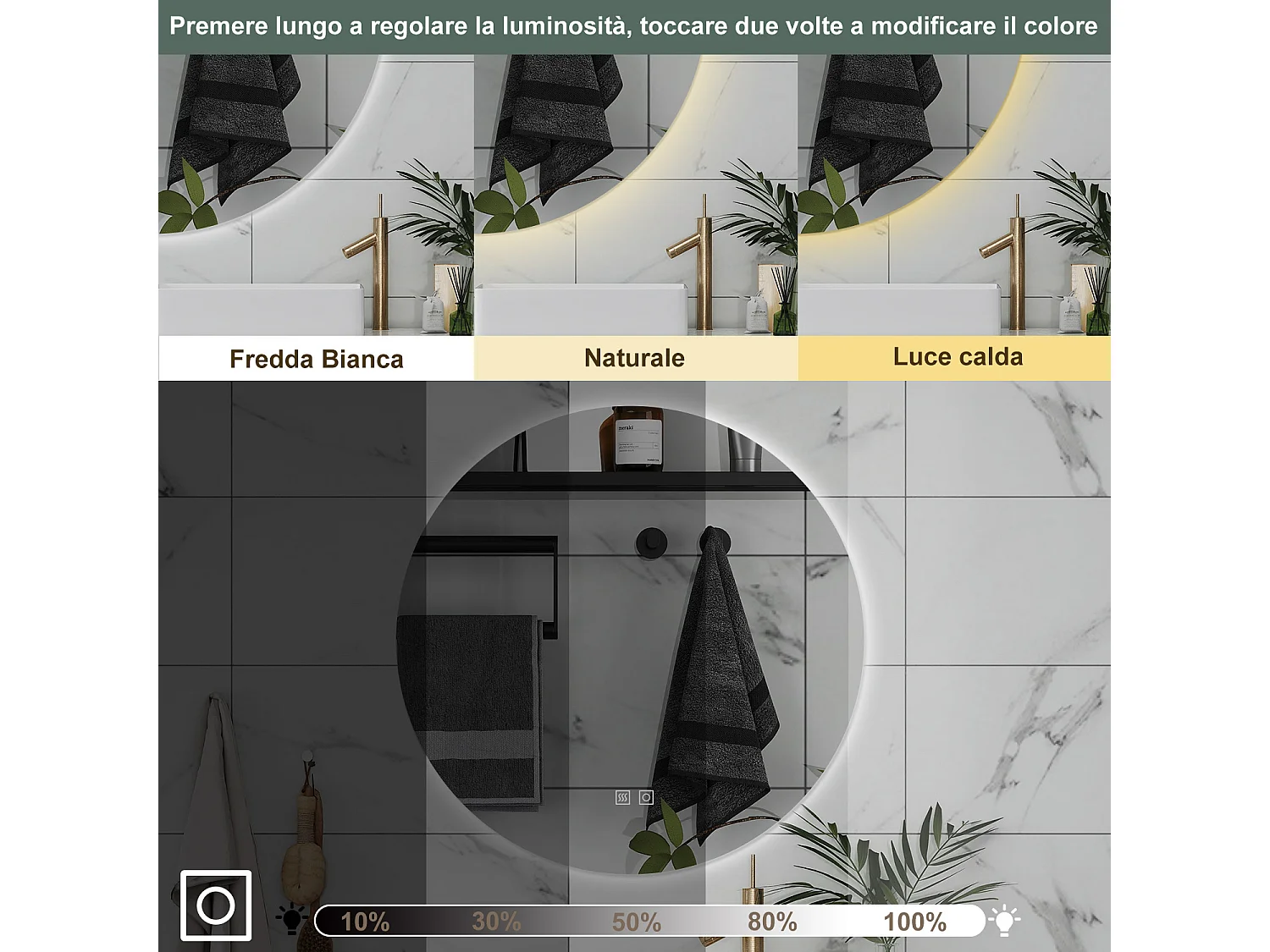 AICA Specchio da bagno 70 x 70 cm, 3 colori, antiappannamento, dimmerabile, interruttore touch, Funzione Memoria