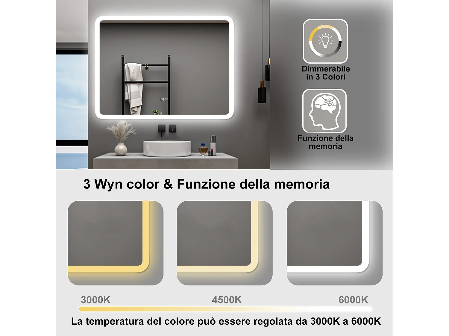 AICA Specchio da bagno  70 x 50 cm, dimmerabile, Blue tooth, Funzione Memoria, antiappannamento, 3 colori