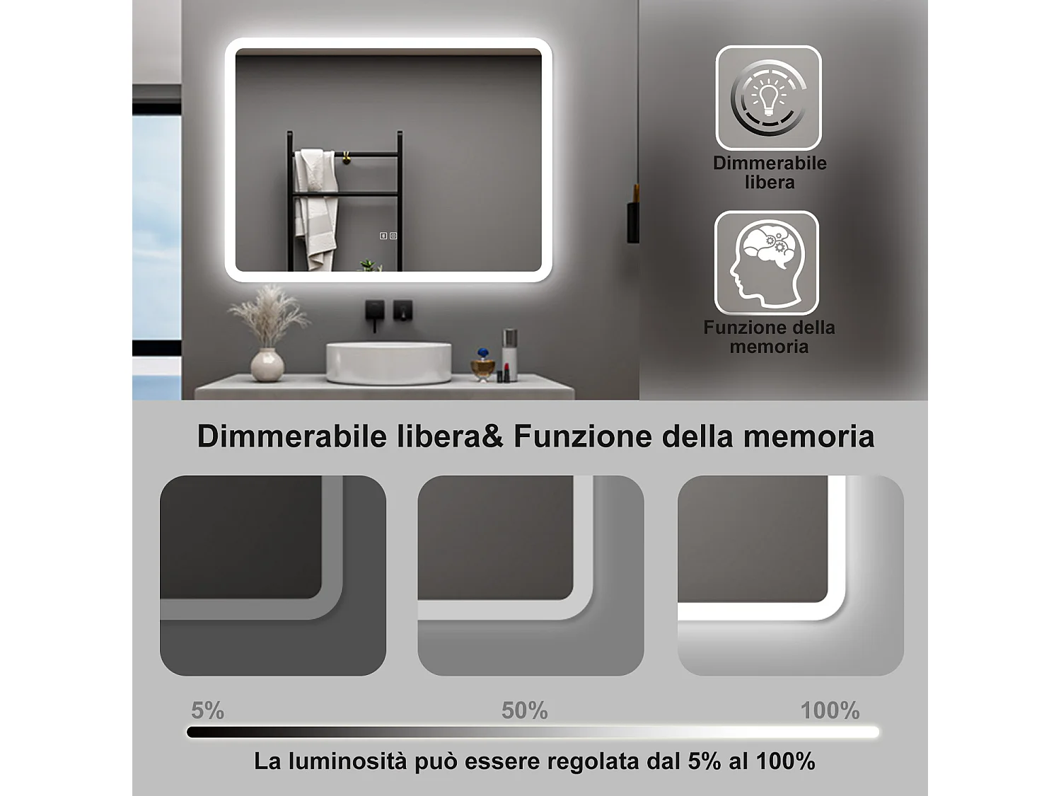 AICA Specchio da bagno  70 x 50 cm, dimmerabile, Blue tooth, Funzione Memoria, antiappannamento, 3 colori
