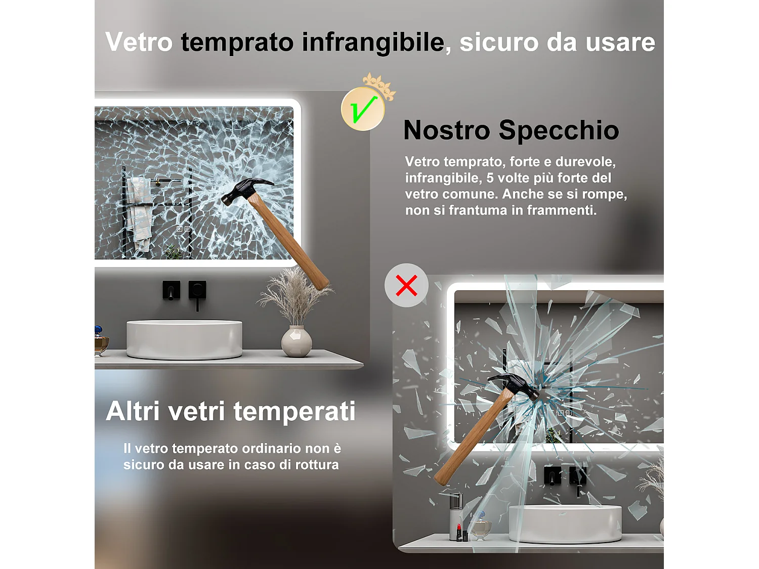 AICA Specchio da bagno  70 x 50 cm, dimmerabile, Blue tooth, Funzione Memoria, antiappannamento, 3 colori