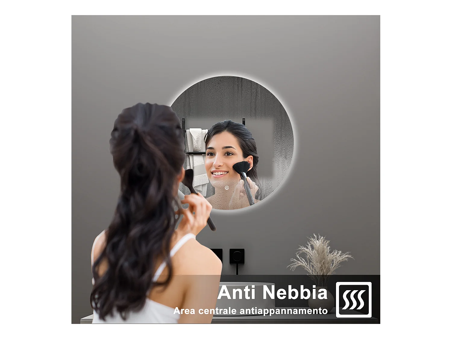 AICA Specchio da bagno 70 x 70 cm, antiappannamento, dimmerabile, interruttore touch, Funzione Memoria