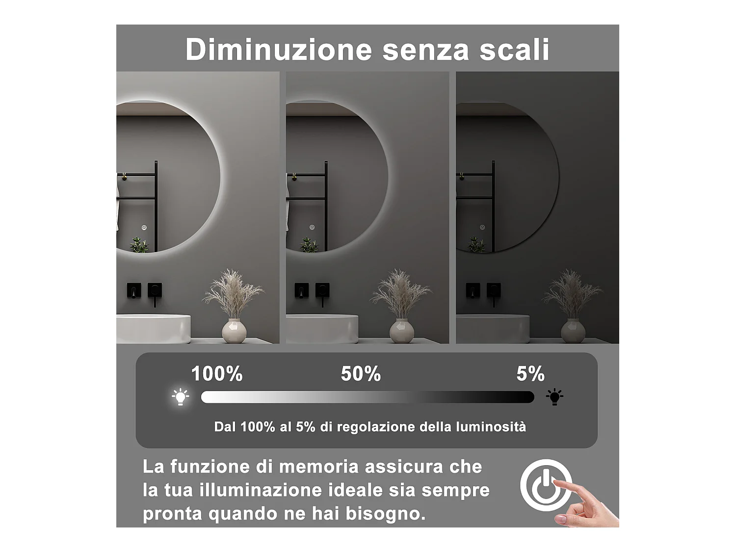 AICA Specchio da bagno 70 x 70 cm, antiappannamento, dimmerabile, interruttore touch, Funzione Memoria