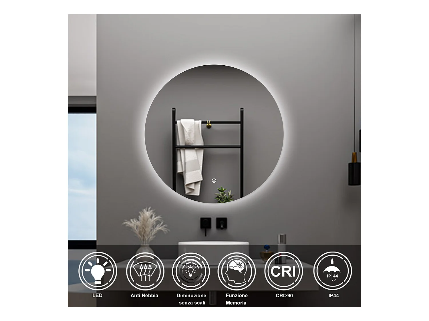 AICA Specchio da bagno 70 x 70 cm, antiappannamento, dimmerabile, interruttore touch, Funzione Memoria