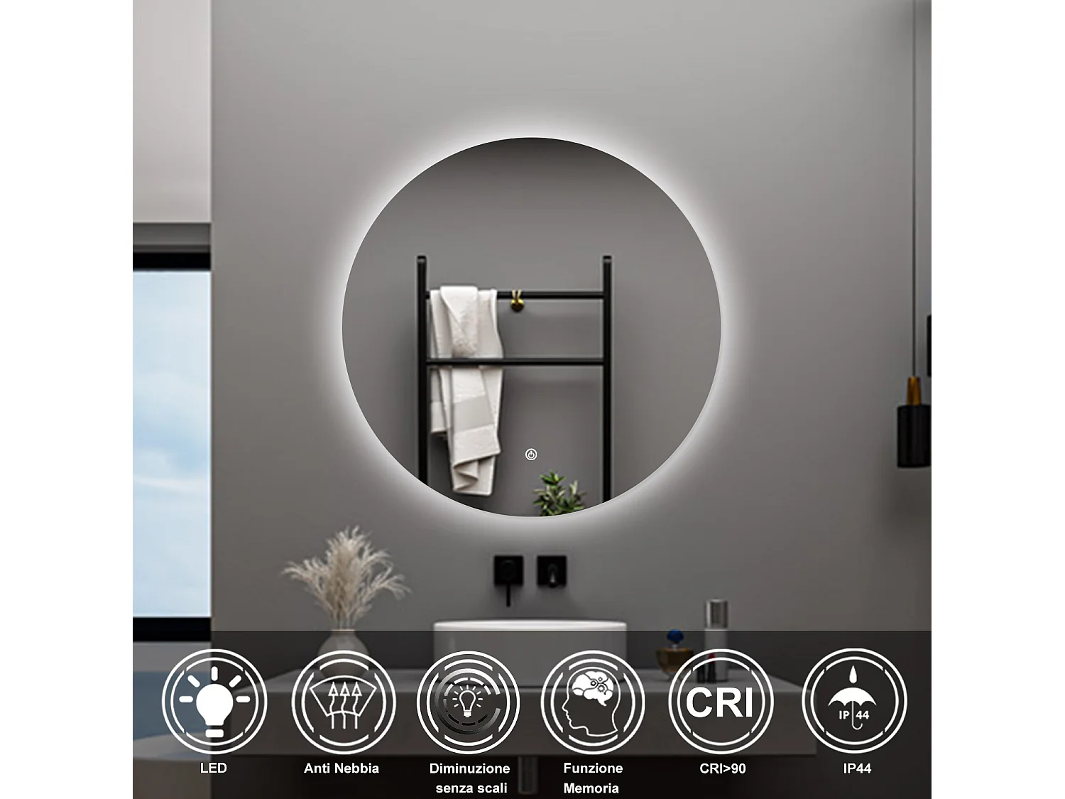 AICA Specchio da bagno 70 x 70 cm, antiappannamento, dimmerabile, interruttore touch, Funzione Memoria