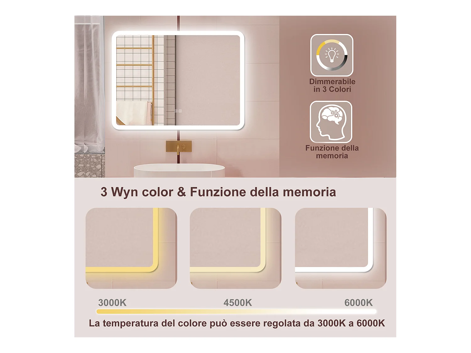 AICA Specchio da bagno  80 x 60 cm, dimmerabile, Blue tooth, Funzione Memoria, antiappannamento, 3 colori