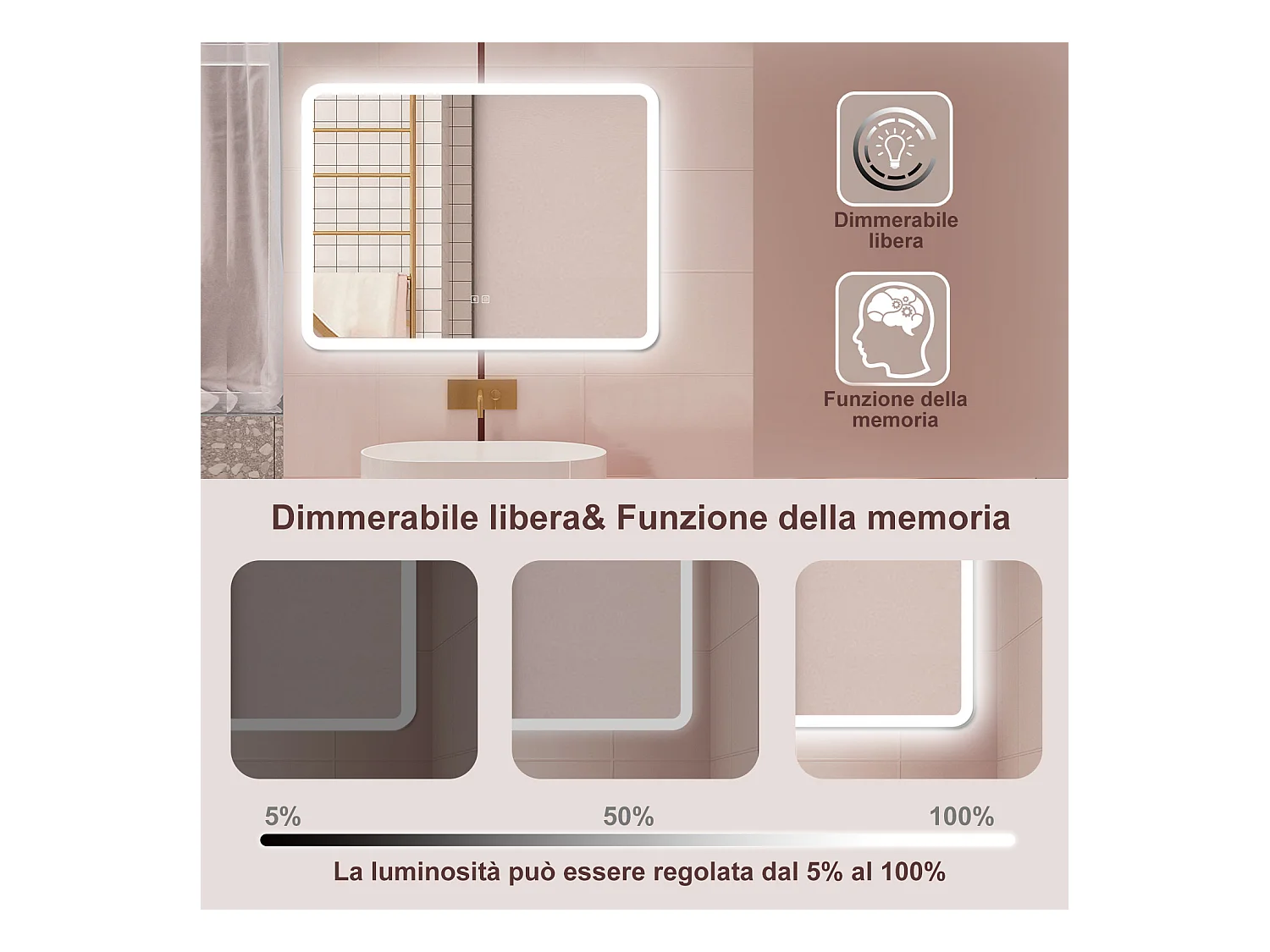 AICA Specchio da bagno  80 x 60 cm, dimmerabile, Blue tooth, Funzione Memoria, antiappannamento, 3 colori