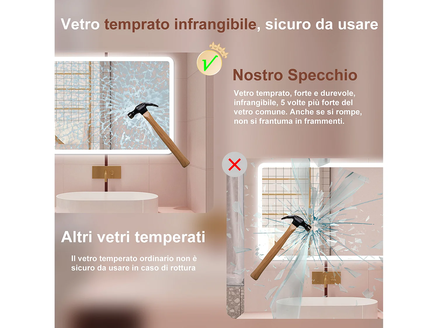 AICA Specchio da bagno  80 x 60 cm, dimmerabile, Blue tooth, Funzione Memoria, antiappannamento, 3 colori