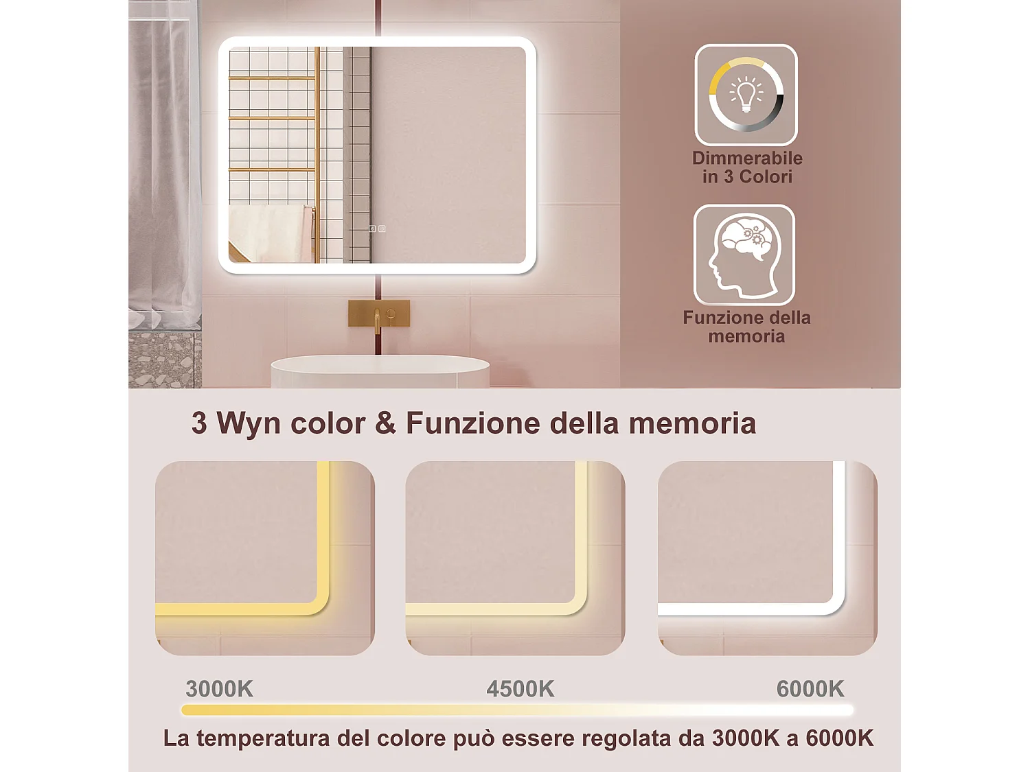 AICA Specchio da bagno  80 x 60 cm, dimmerabile, Blue tooth, Funzione Memoria, antiappannamento, 3 colori