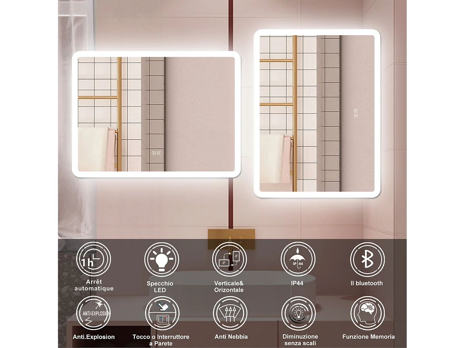 AICA Specchio da bagno  80 x 60 cm, dimmerabile, Blue tooth, Funzione Memoria, antiappannamento, 3 colori
