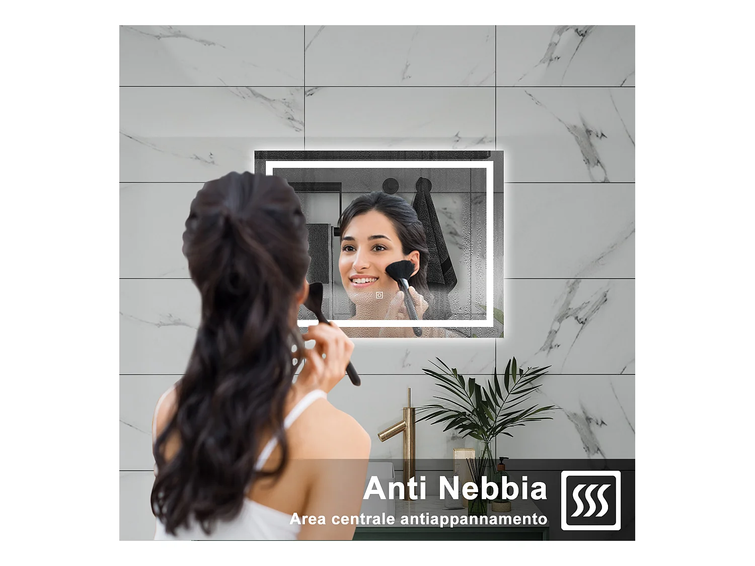 AICA Specchio da bagno  100 x 60 cm, dimmerabile, interruttore touch, Funzione Memoria, antiappannamento