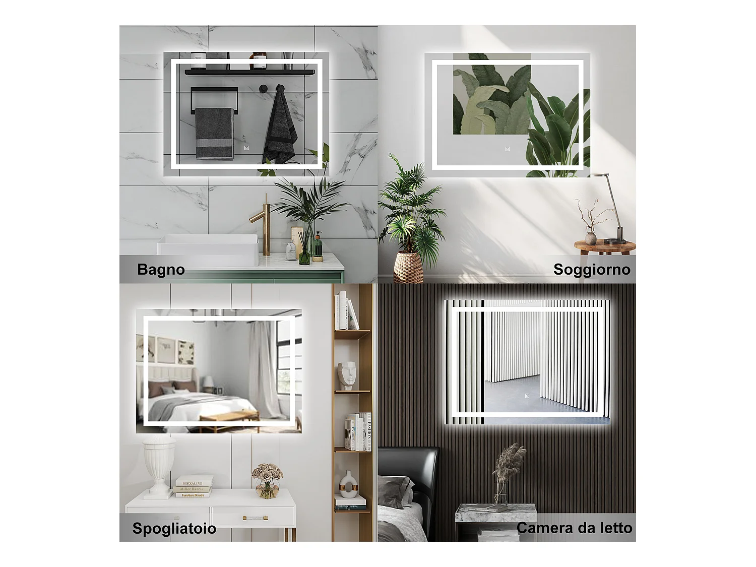 AICA Specchio da bagno  100 x 60 cm, dimmerabile, interruttore touch, Funzione Memoria, antiappannamento