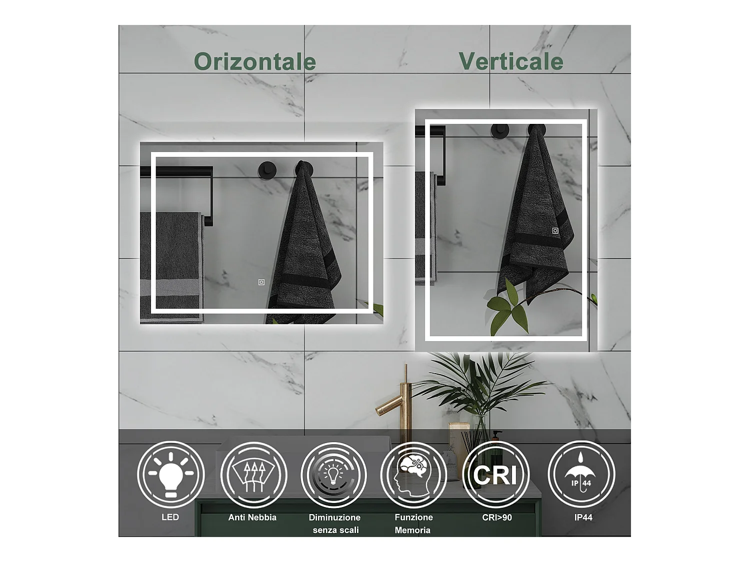 AICA Specchio da bagno  100 x 60 cm, dimmerabile, interruttore touch, Funzione Memoria, antiappannamento