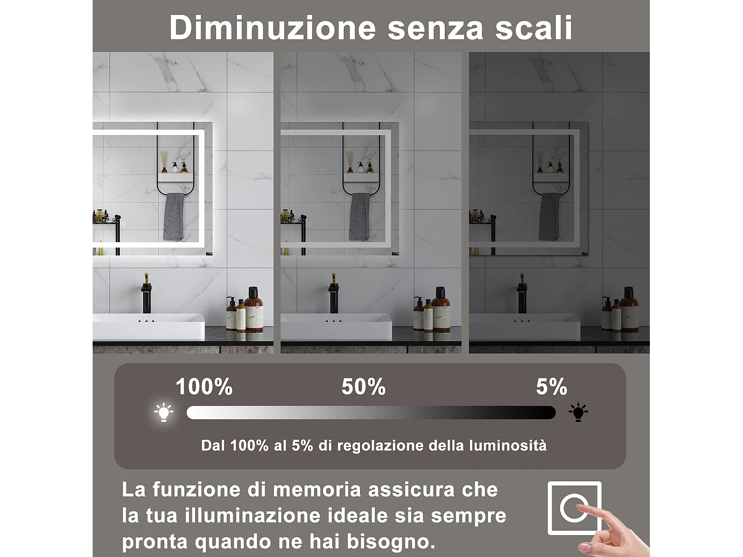 AICA Specchio da bagno  100 x 60 cm, dimmerabile, interruttore touch, Funzione Memoria, antiappannamento