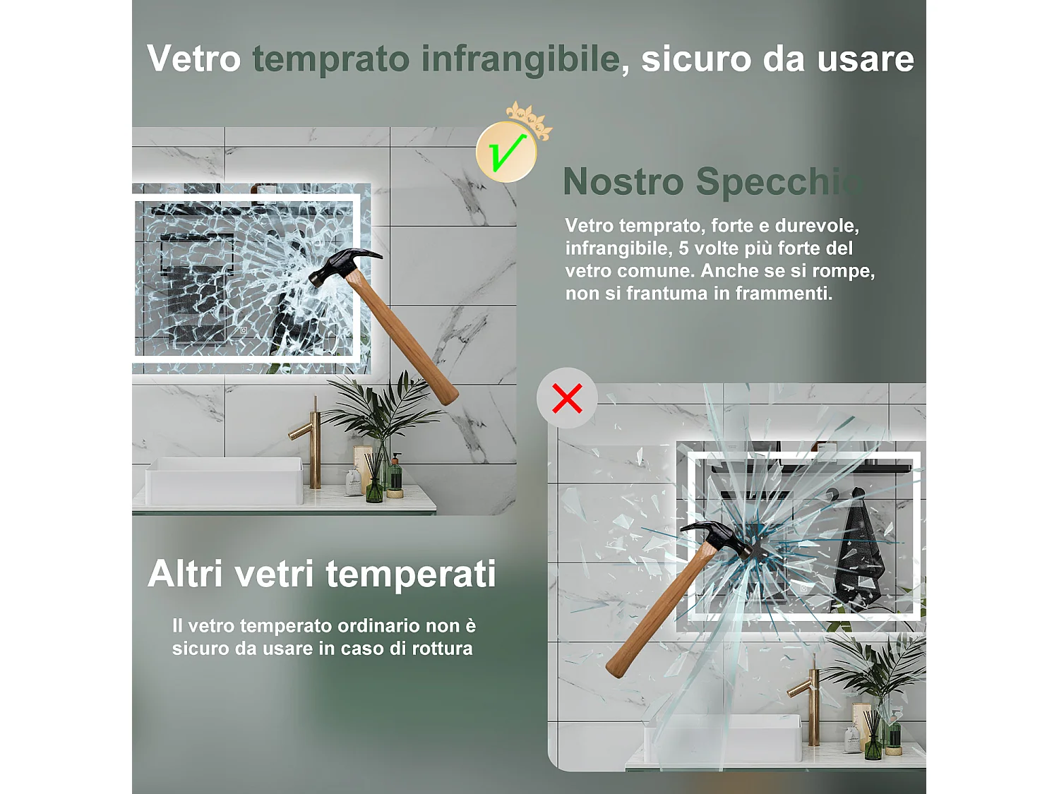 AICA Specchio da bagno  100 x 60 cm, dimmerabile, interruttore touch, Funzione Memoria, antiappannamento