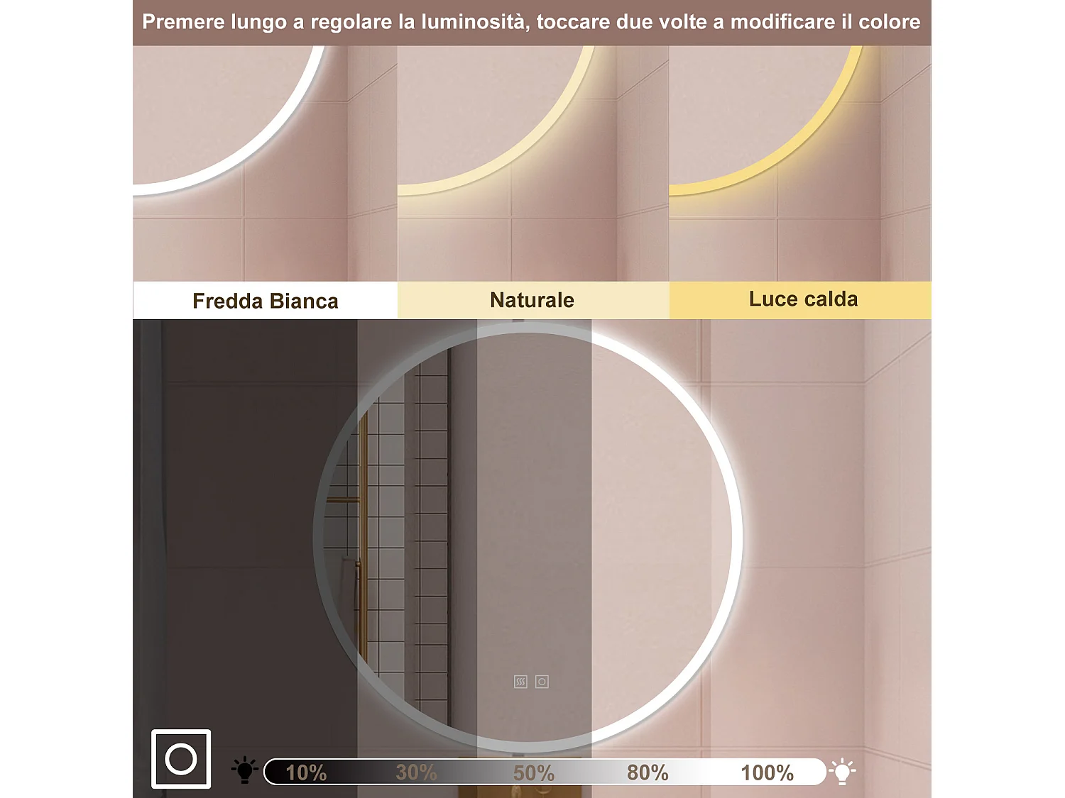 AICA Specchio da bagno 80 x 80 cm, 3 colori, antiappannamento, dimmerabile, interruttore touch, Funzione Memoria