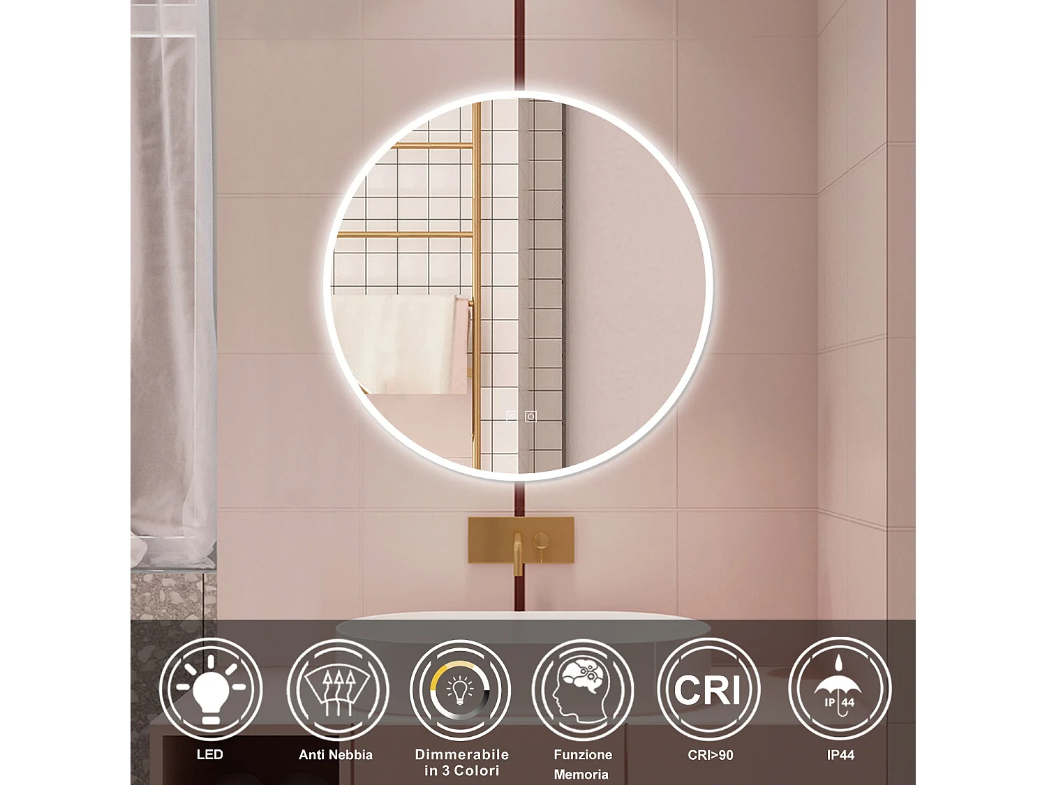 AICA Specchio da bagno 80 x 80 cm, 3 colori, antiappannamento, dimmerabile, interruttore touch, Funzione Memoria