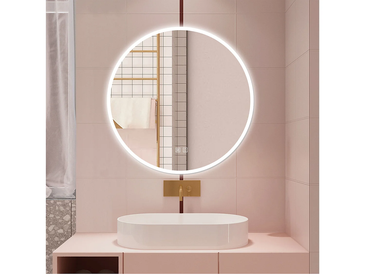 AICA Specchio da bagno 80 x 80 cm, 3 colori, antiappannamento, dimmerabile, interruttore touch, Funzione Memoria