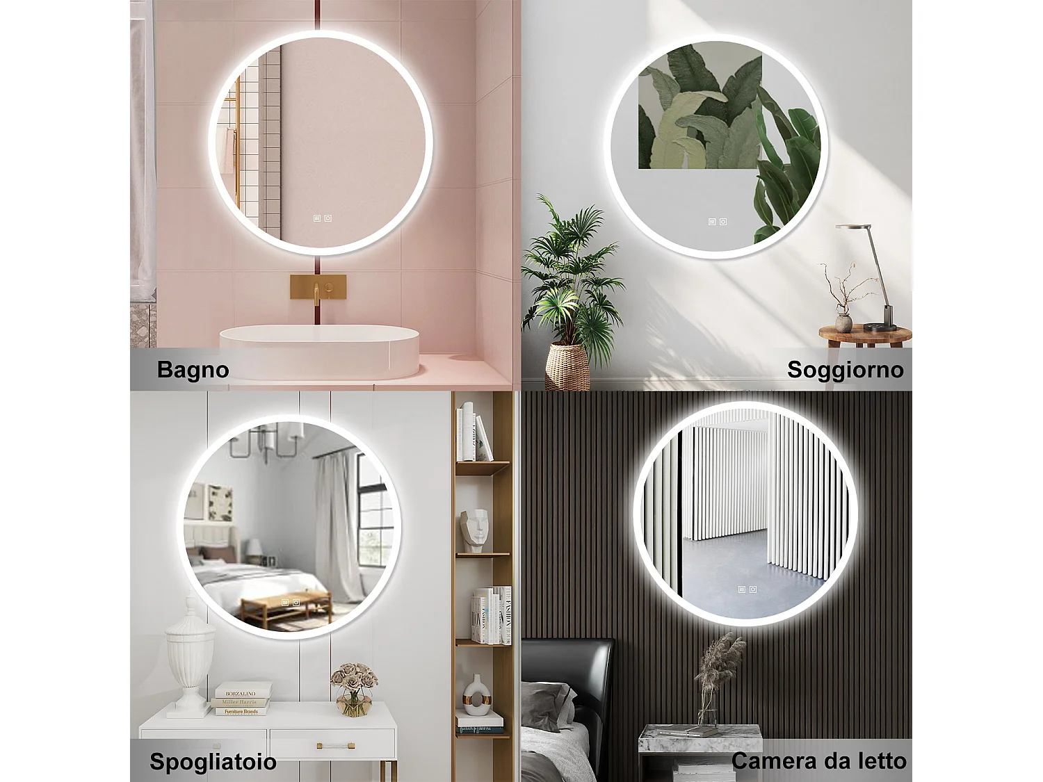 AICA Specchio da bagno 80 x 80 cm, 3 colori, antiappannamento, dimmerabile, interruttore touch, Funzione Memoria