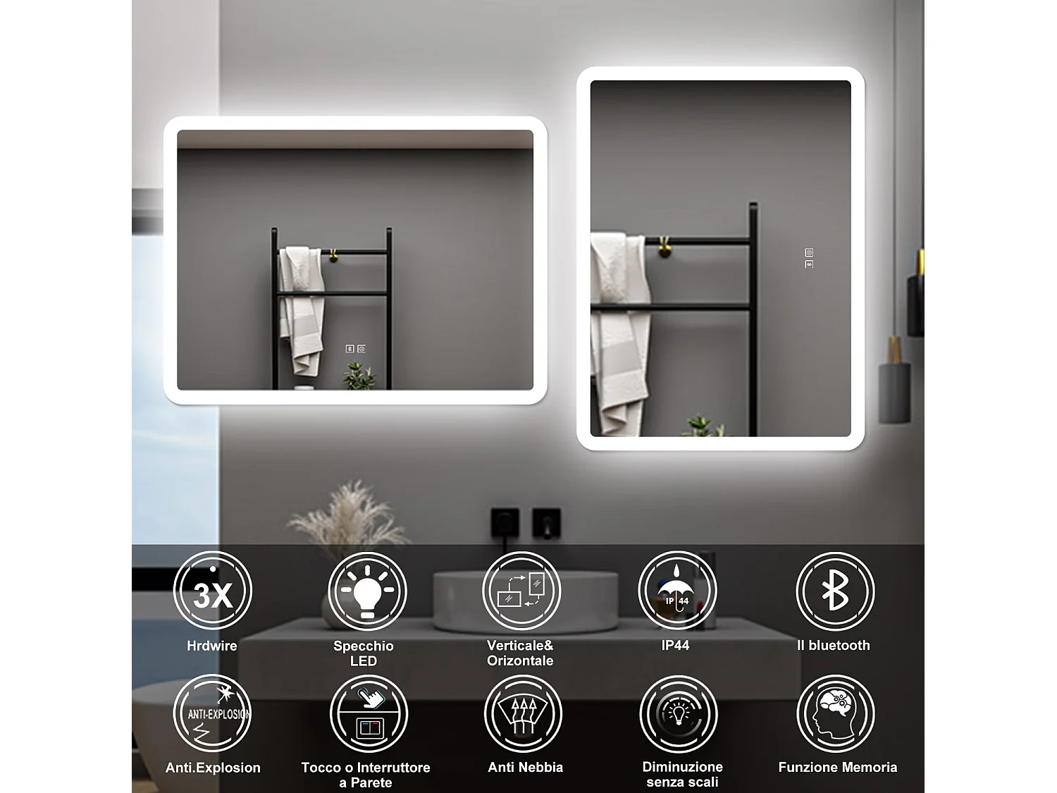 AICA Specchio da bagno  80 x 60 cm, dimmerabile, Blue tooth, Funzione Memoria, antiappannamento, 3 colori