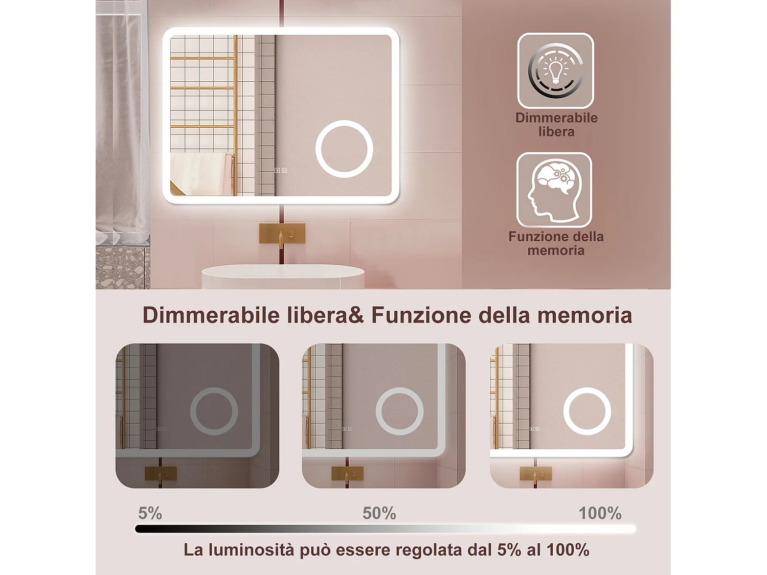 AICA Specchio da bagno  60 x 80 cm, dimmerabile, Blue tooth, Funzione Memoria, antiappannamento, 3 colori, Magnificatore