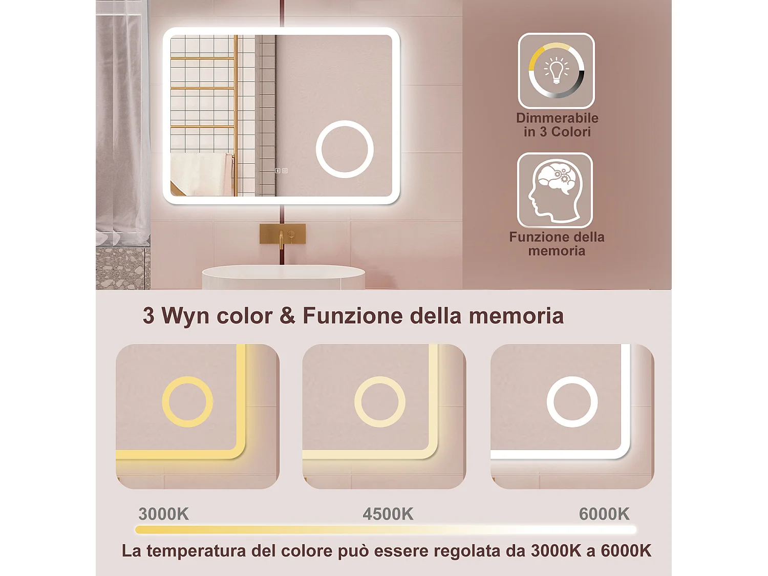 AICA Specchio da bagno  60 x 80 cm, dimmerabile, Blue tooth, Funzione Memoria, antiappannamento, 3 colori, Magnificatore