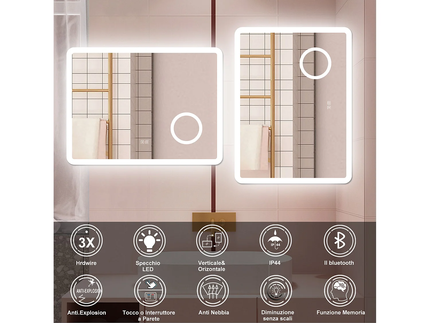 AICA Specchio da bagno  60 x 80 cm, dimmerabile, Blue tooth, Funzione Memoria, antiappannamento, 3 colori, Magnificatore