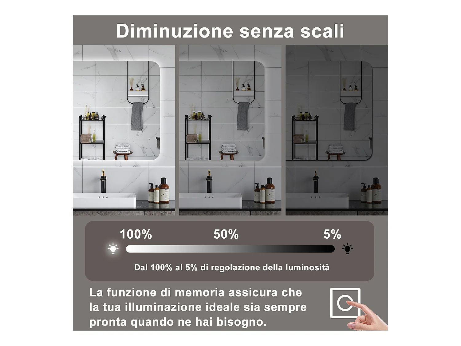 AICA Specchio da bagno 100 x 60 cm, dimmerabile, interruttore touch, Funzione Memoria