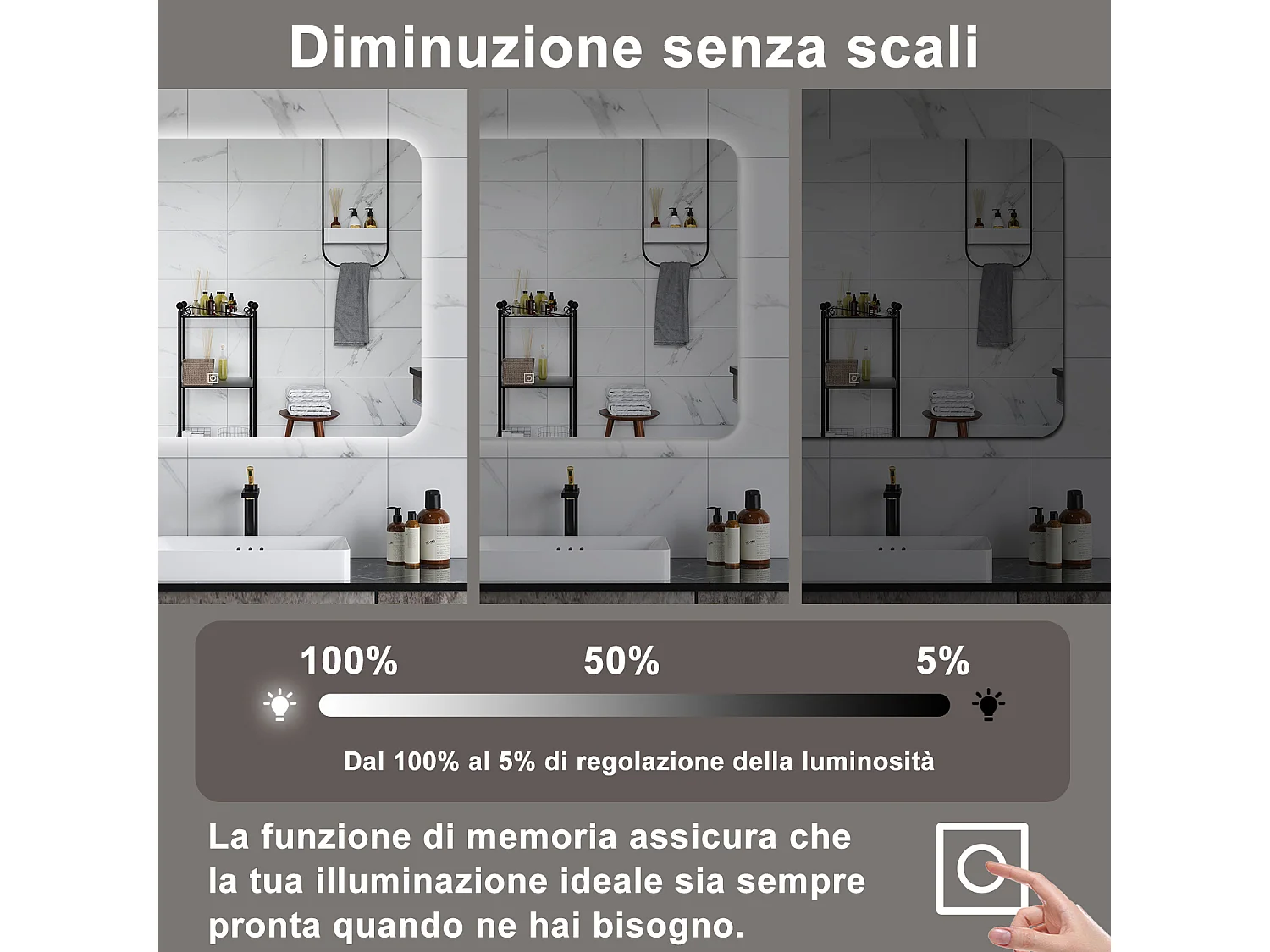 AICA Specchio da bagno 100 x 60 cm, dimmerabile, interruttore touch, Funzione Memoria