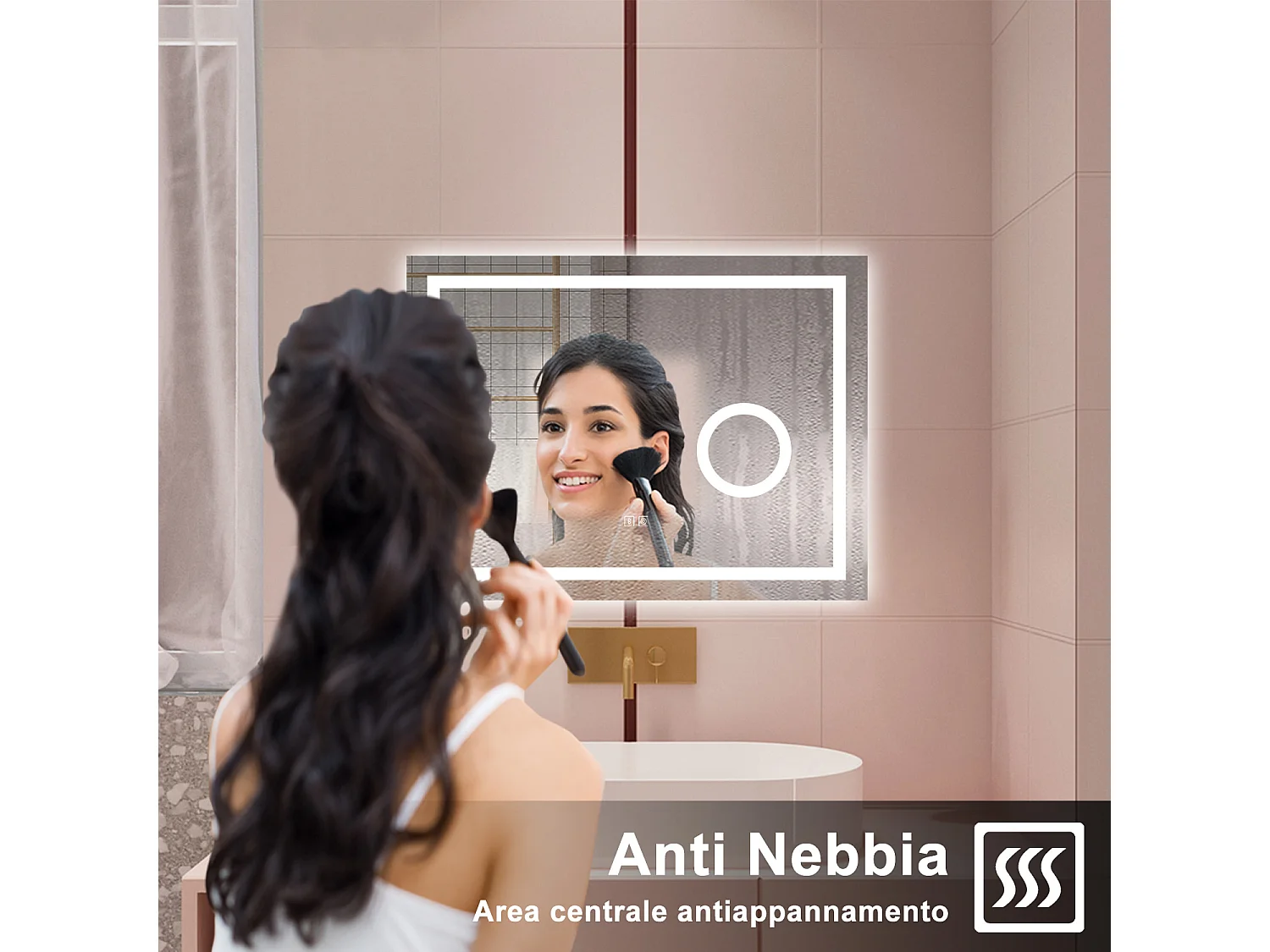 AICA Specchio da bagno  80 x 60 cm, dimmerabile, Blue tooth, Funzione Memoria, antiappannamento, 3 colori, Magnificatore