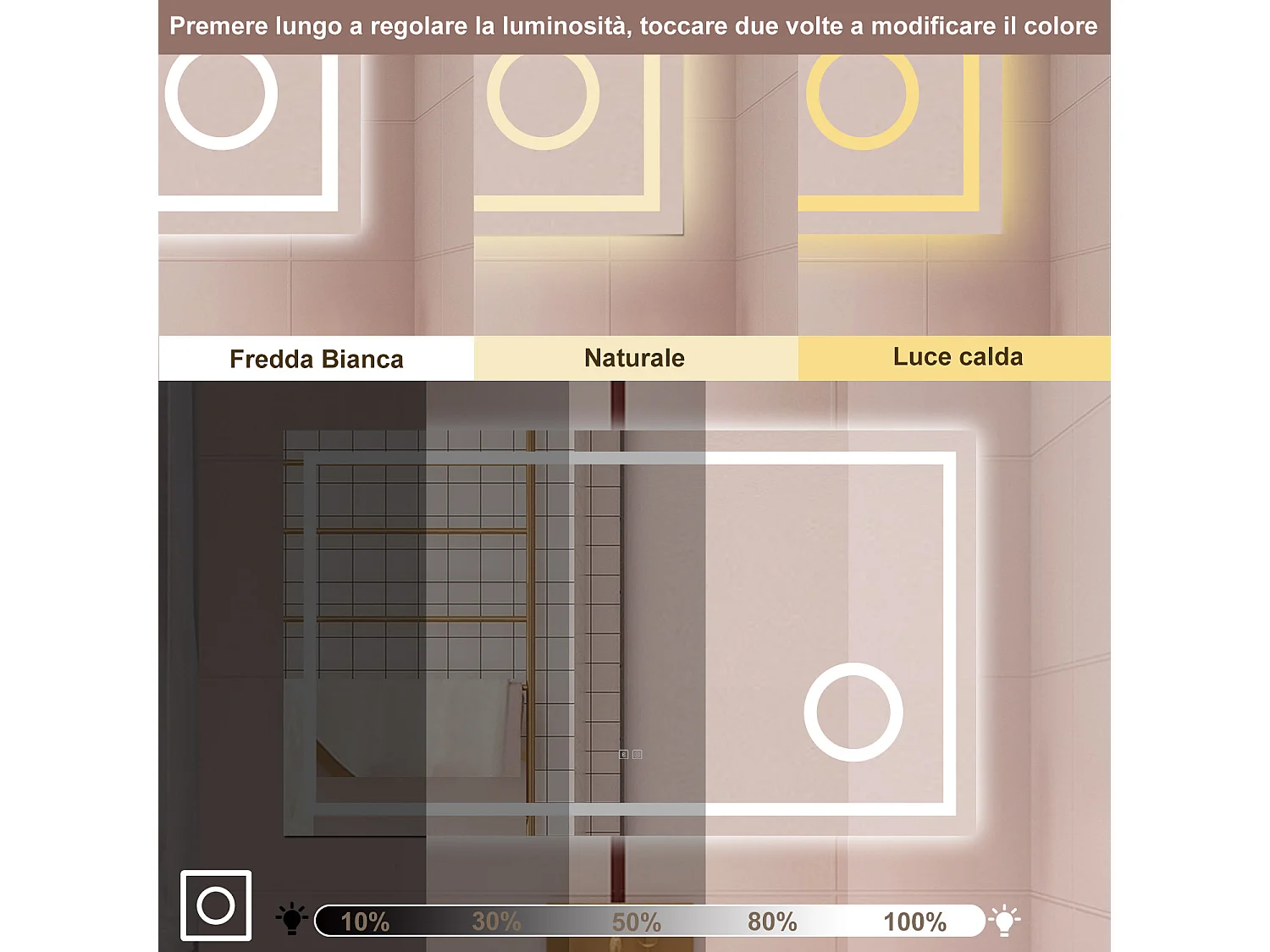 AICA Specchio da bagno  80 x 60 cm, dimmerabile, Blue tooth, Funzione Memoria, antiappannamento, 3 colori, Magnificatore