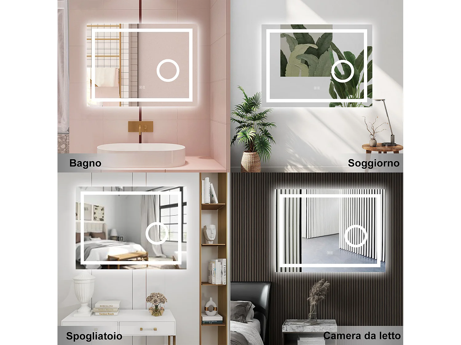 AICA Specchio da bagno  80 x 60 cm, dimmerabile, Blue tooth, Funzione Memoria, antiappannamento, 3 colori, Magnificatore