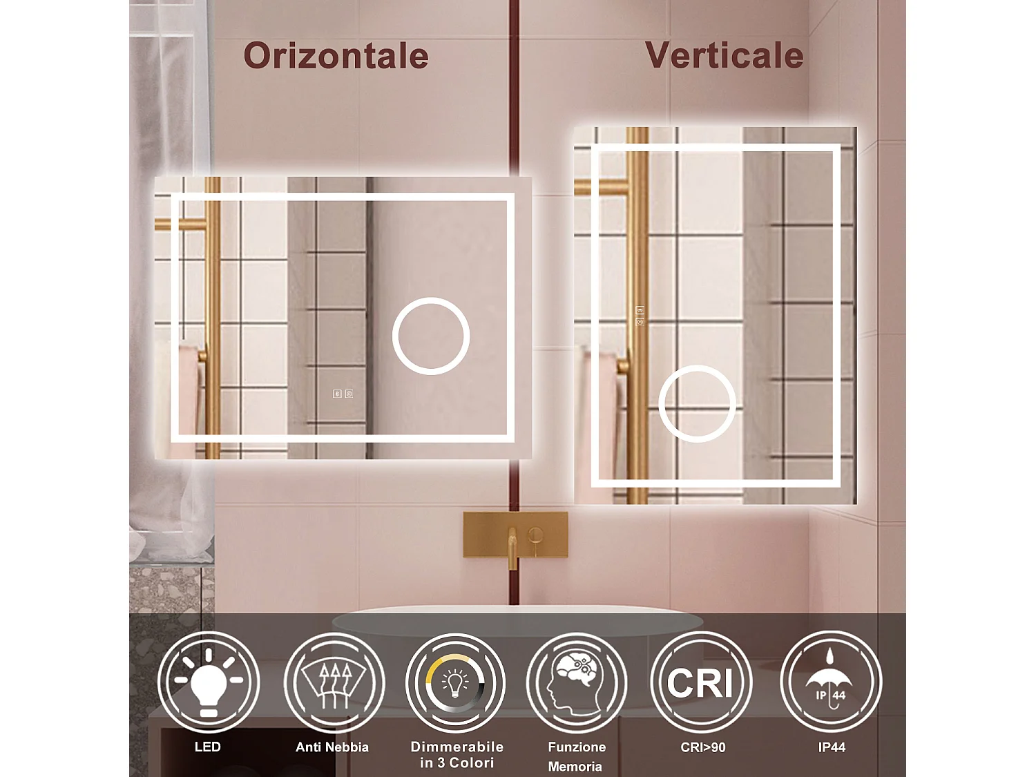 AICA Specchio da bagno  80 x 60 cm, dimmerabile, Blue tooth, Funzione Memoria, antiappannamento, 3 colori, Magnificatore