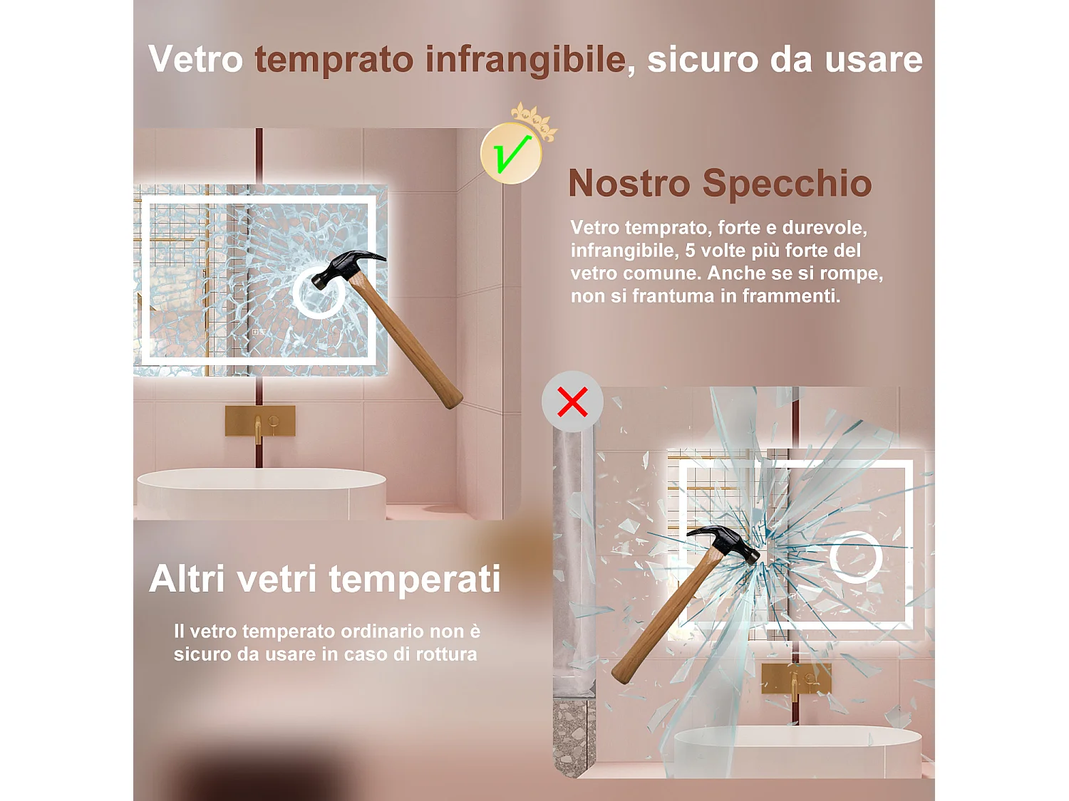 AICA Specchio da bagno  80 x 60 cm, dimmerabile, Blue tooth, Funzione Memoria, antiappannamento, 3 colori, Magnificatore