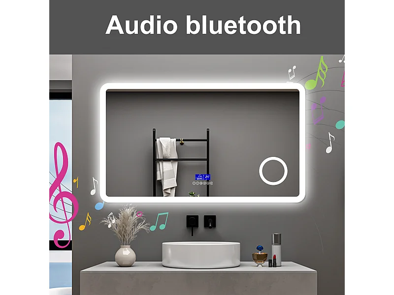 AICA Specchio da bagno  140 x 80 cm,  dimmerabile, Blue tooth,  Funzione Memoria, antiappannamento, 3 colori, Magnificatore,  orologio