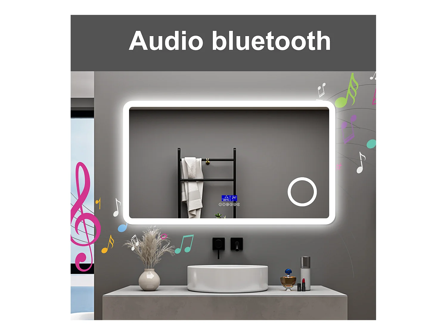 AICA Specchio da bagno  140 x 80 cm,  dimmerabile, Blue tooth,  Funzione Memoria, antiappannamento, 3 colori, Magnificatore,  orologio