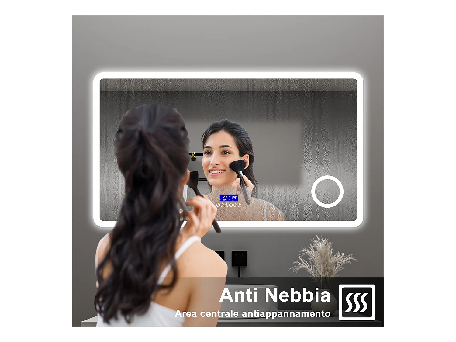 AICA Specchio da bagno  140 x 80 cm,  dimmerabile, Blue tooth,  Funzione Memoria, antiappannamento, 3 colori, Magnificatore,  orologio