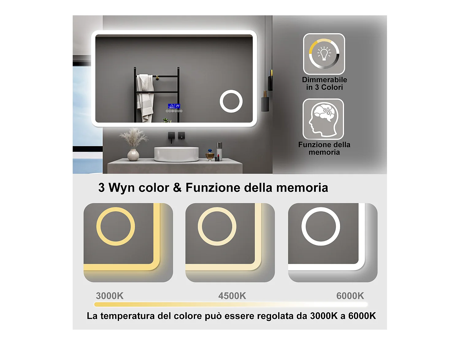 AICA Specchio da bagno  140 x 80 cm,  dimmerabile, Blue tooth,  Funzione Memoria, antiappannamento, 3 colori, Magnificatore,  orologio