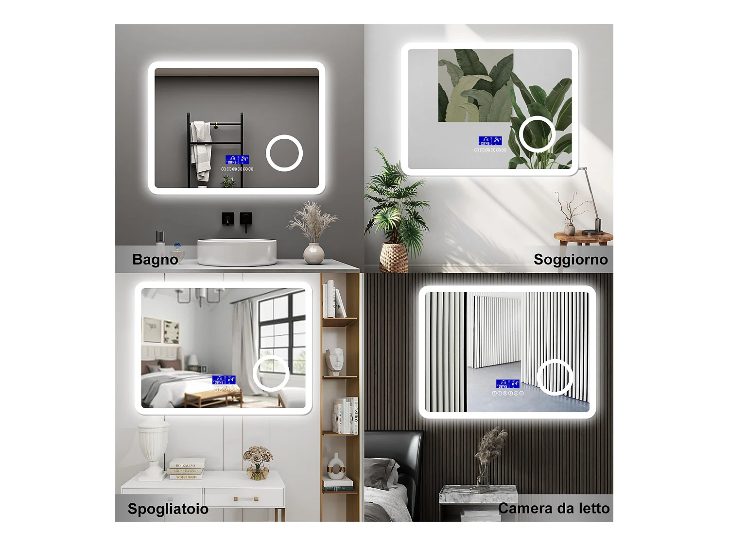 AICA Specchio da bagno  140 x 80 cm,  dimmerabile, Blue tooth,  Funzione Memoria, antiappannamento, 3 colori, Magnificatore,  orologio