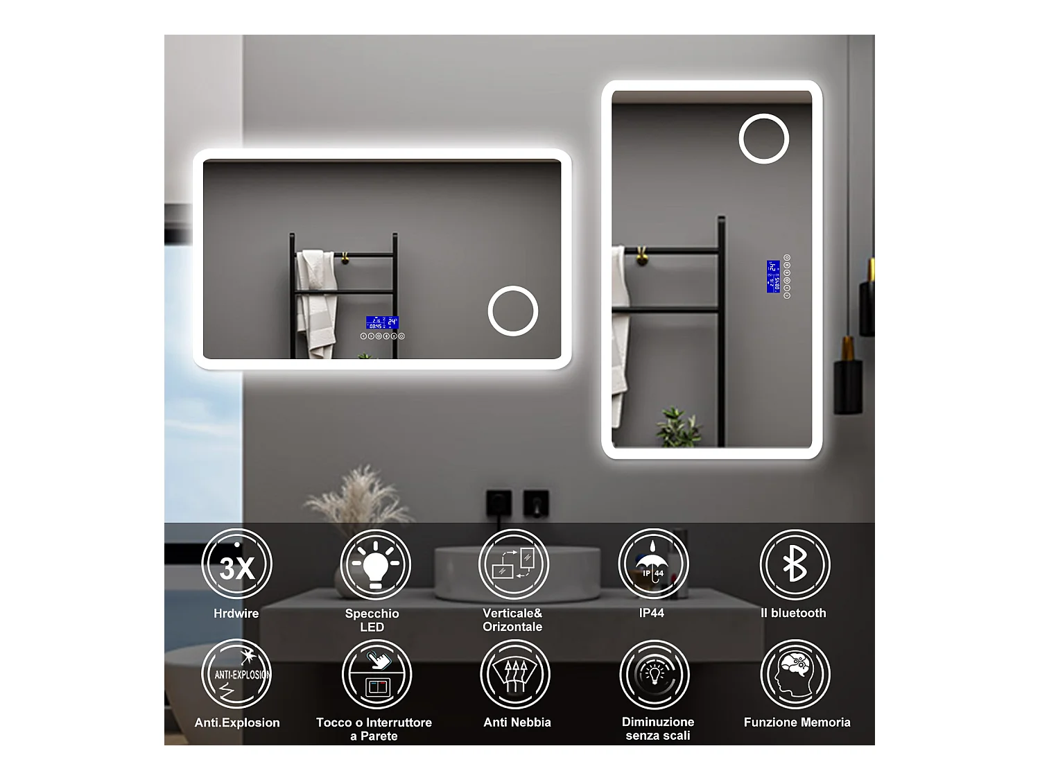 AICA Specchio da bagno  140 x 80 cm,  dimmerabile, Blue tooth,  Funzione Memoria, antiappannamento, 3 colori, Magnificatore,  orologio