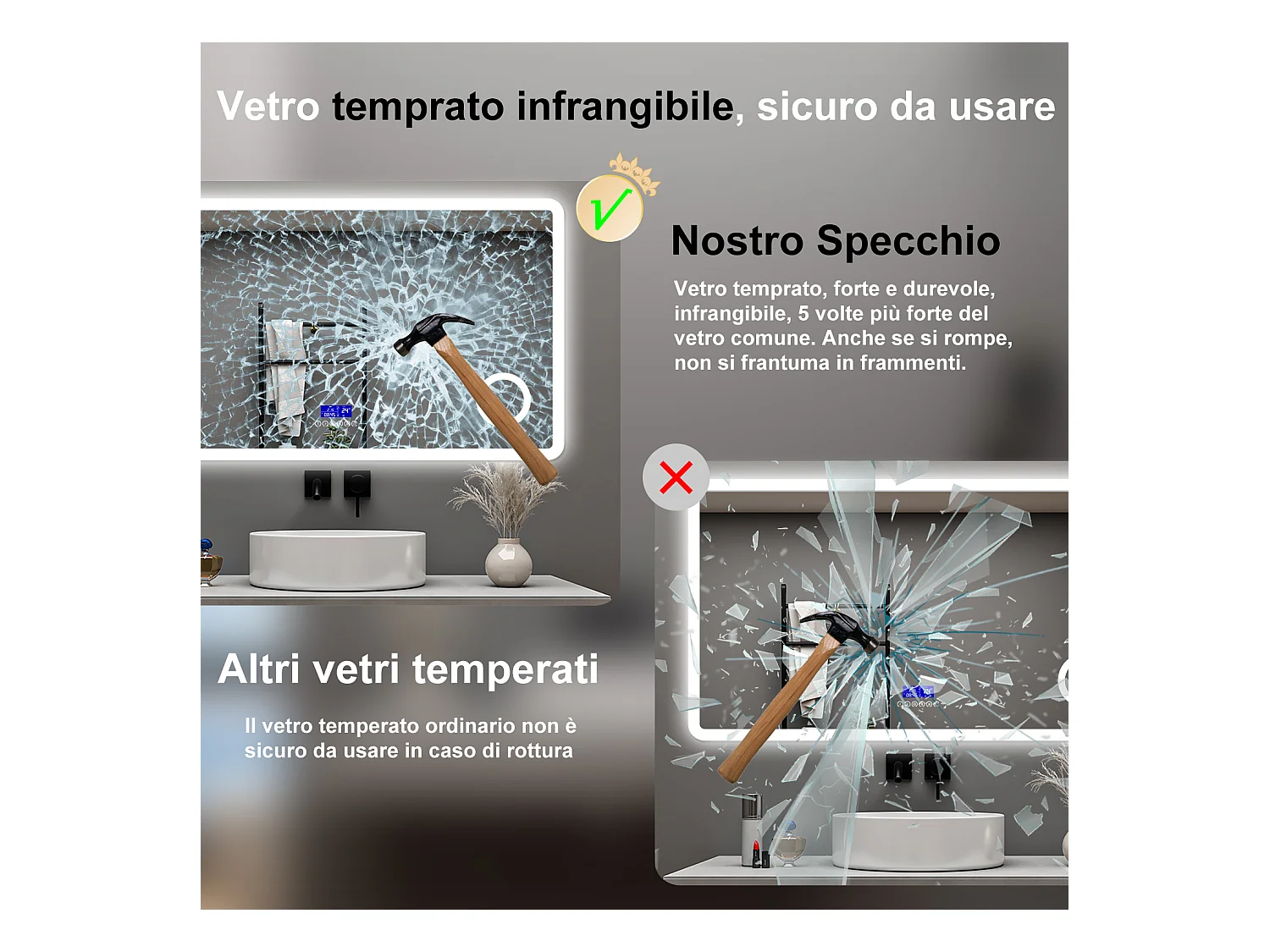 AICA Specchio da bagno  140 x 80 cm,  dimmerabile, Blue tooth,  Funzione Memoria, antiappannamento, 3 colori, Magnificatore,  orologio